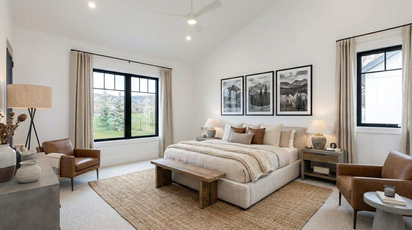 This is a bright and airy primary bedroom. The room features a neutral color palette with white walls, beige curtains, and a textured jute rug, creating a serene and inviting atmosphere. Black-framed windows and artwork add a touch of modern contrast.