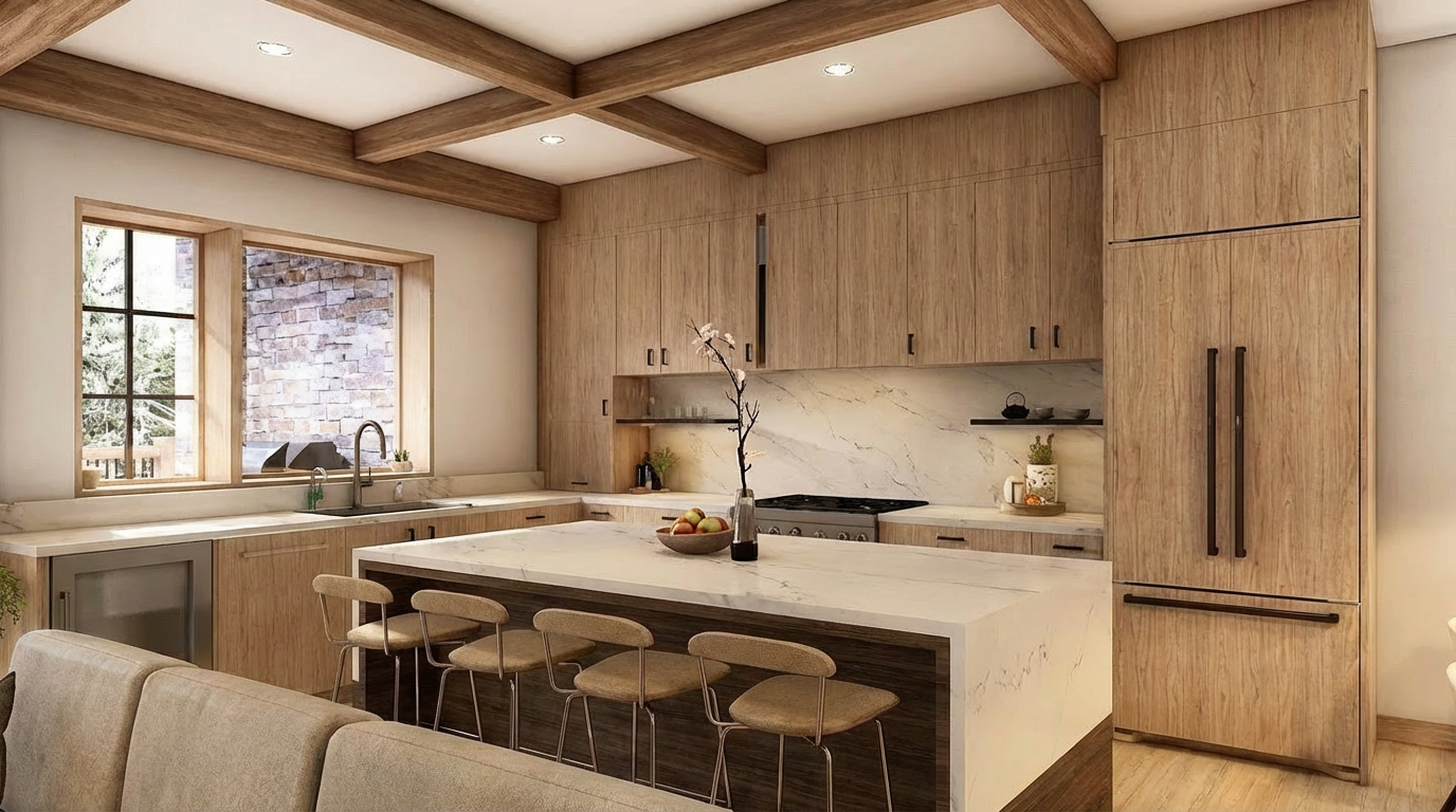 This is an interior shot of a kitchen, showcasing light wood cabinetry and a prominent island with a contrasting dark wood base and white countertop. The design features modern appliances and a well-lit, open space, conveying a sense of warmth and sophistication, ideal for a family home.