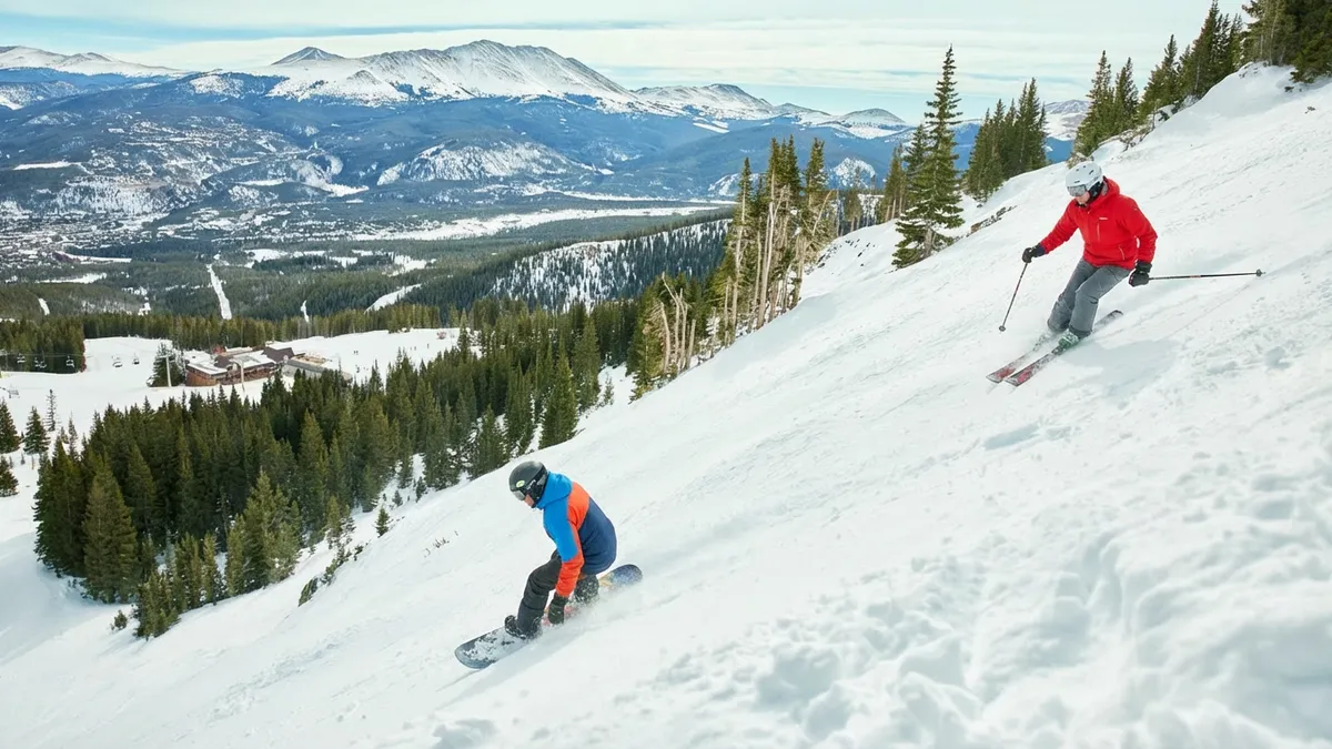 This image showcases outdoor recreational activities, presenting an active lifestyle amenity. A snowboarder and skier are actively enjoying the slopes, and snow-covered mountains line the back providing and scenic view. This would appeal to buyers looking for resort living with outdoor activities.