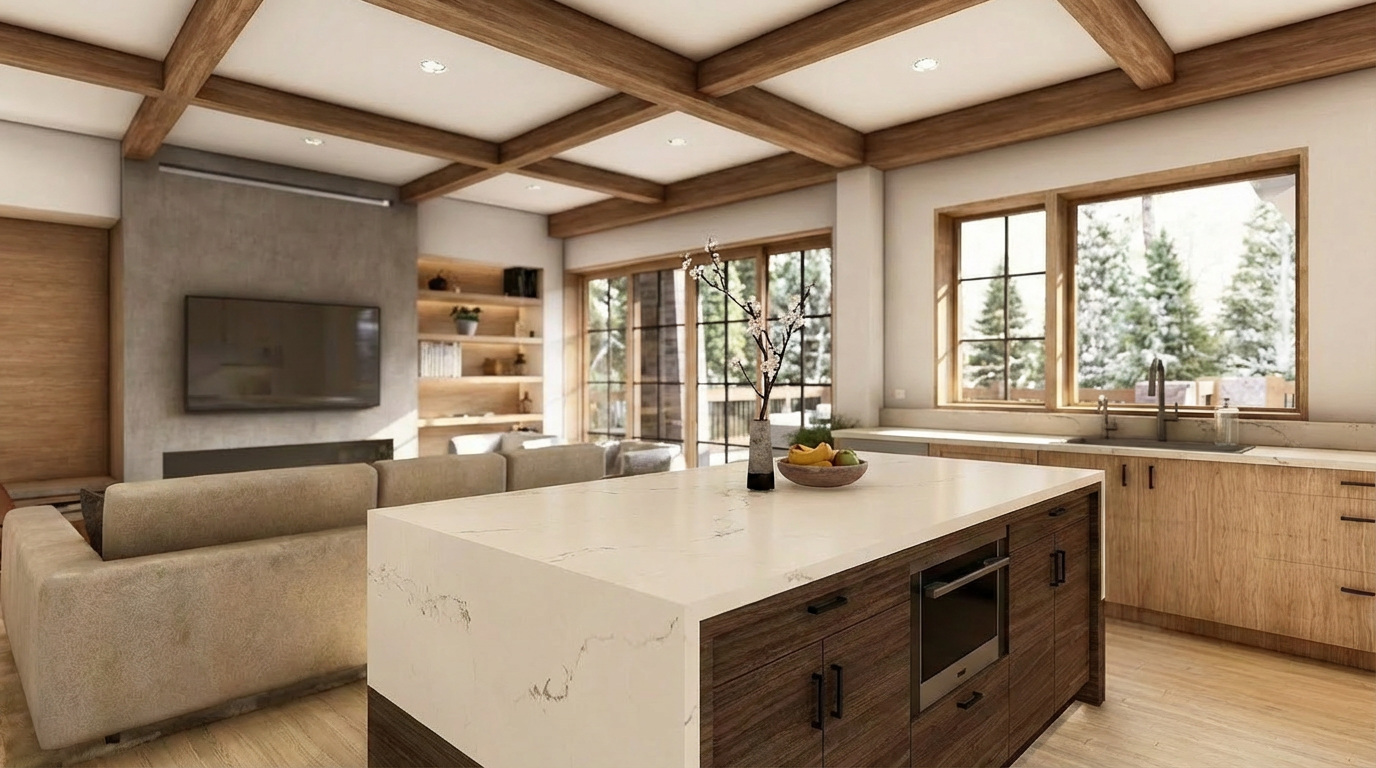 This interior shot showcases a modern kitchen with an island, wood-tone cabinetry, and a view of the outdoors. A cream-colored sofa is visible in the adjoined living area, suggesting an open-concept layout. Exposed wooden beams offer a rustic touch to the contemporary design.