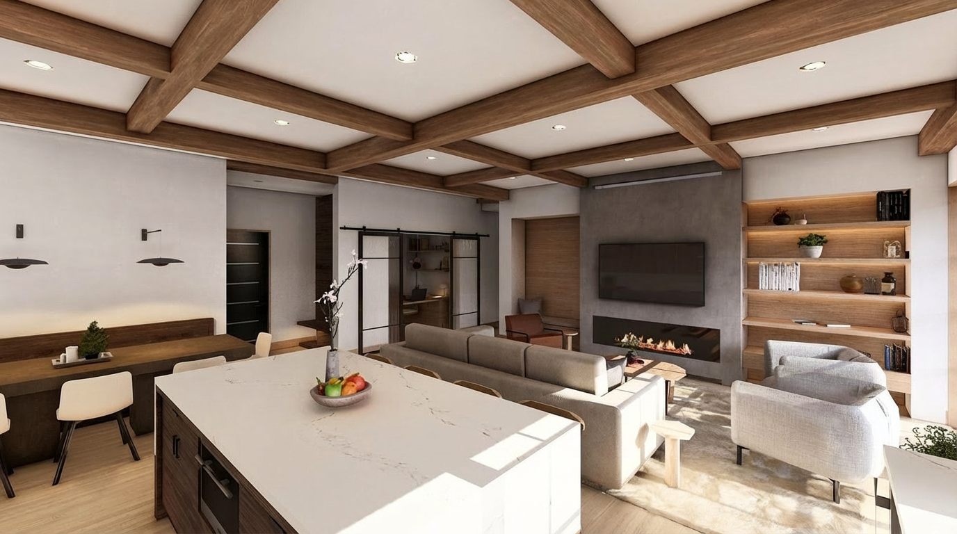 This interior shot showcases a modern living room with a bright and airy feel. The room features exposed wood beams on the ceiling, a sleek fireplace, and an adjacent kitchen island with a quartz countertop. The design elements together create a cohesive and inviting space, perfect for both relaxing and entertaining.