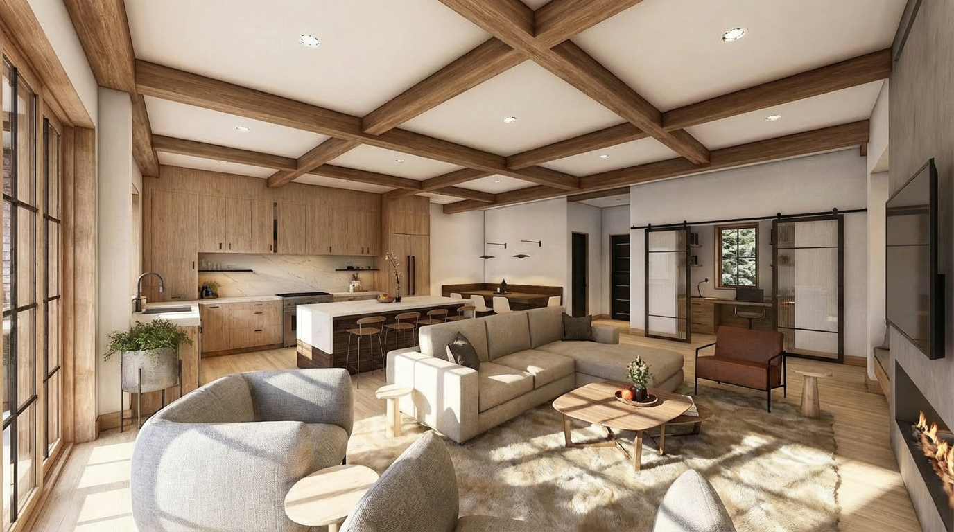 This is a bright and open living room and kitchen area. The room features a coffered ceiling with wooden beams, hardwood flooring, and large windows that let in plenty of natural light. The kitchen island provides a focal point and seating for casual dining, while the neutral-toned sectional sofa and armchairs offer comfortable seating in the living area.