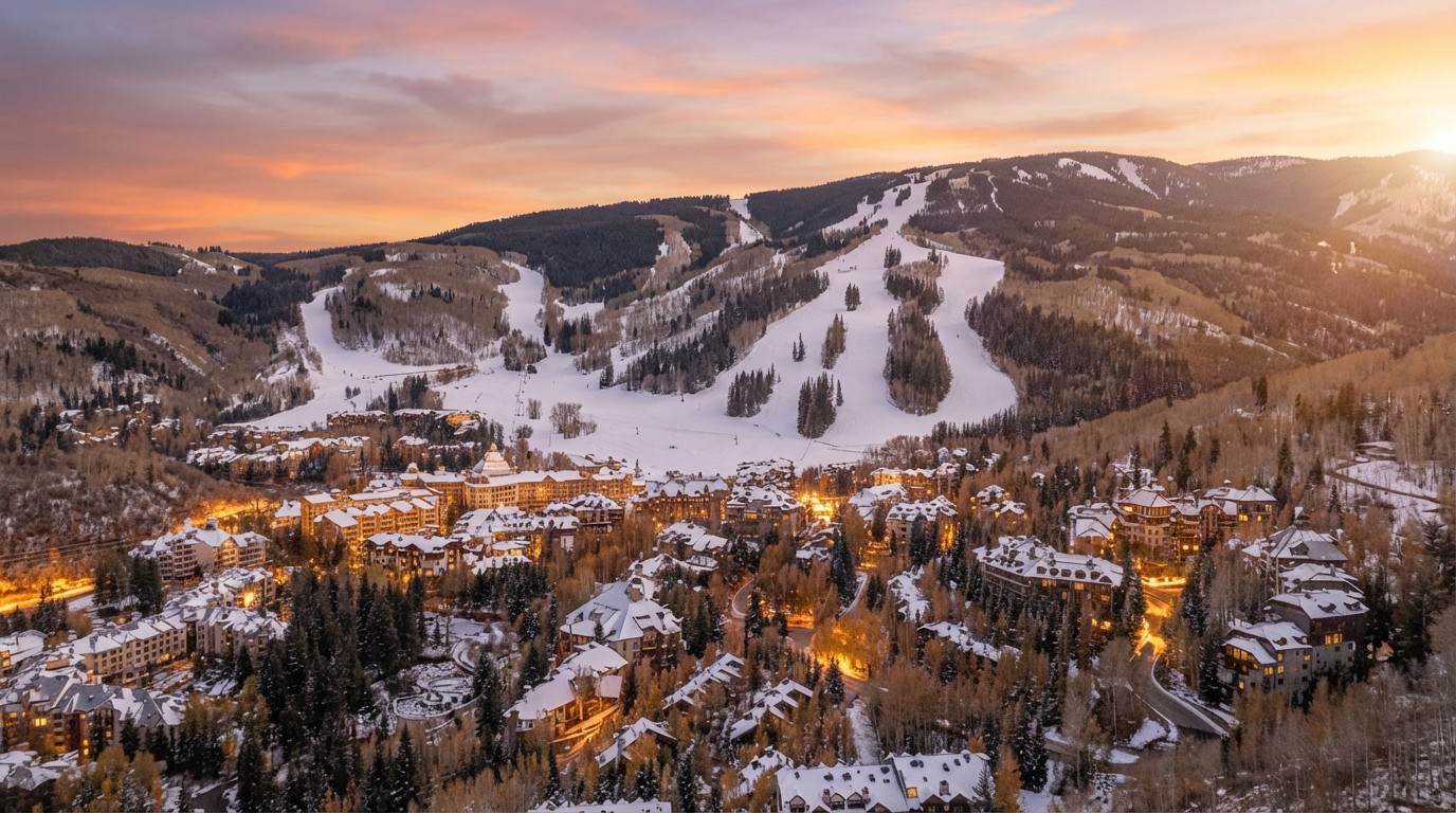 This aerial view showcases a luxury ski resort town nestled in the mountains. The image captures a mix of alpine-style residences with snow-covered roofs and the pristine ski slopes of a nearby mountain. The warm hues of the sunset sky blend seamlessly with the lights emanating from the properties, creating an inviting and upscale atmosphere.