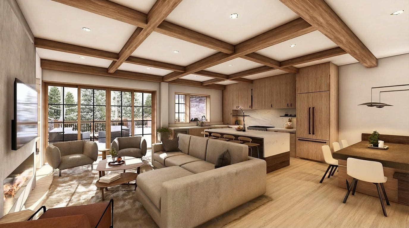 This is a warm and inviting living room and kitchen area featuring exposed wooden beams on the ceiling and a large sliding glass door leading to a deck or patio. The space includes comfortable seating arrangements, a kitchen with modern appliances and an island, and a dining area, creating an open and connected environment. The design style blends rustic elements with contemporary aesthetics, resulting in a cozy yet sophisticated atmosphere.