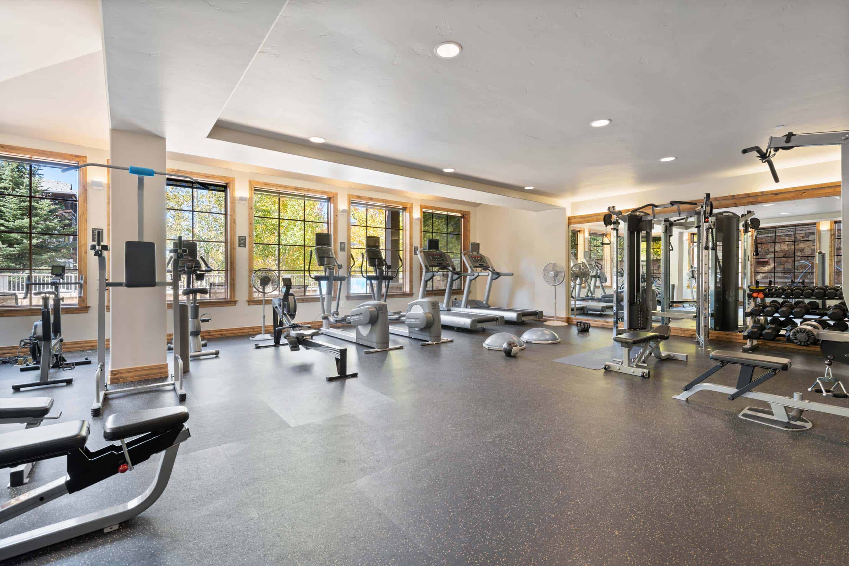 The image showcases a well-equipped home gym featuring various exercise machines, including treadmills, stationary bikes, and a weight training system. Mirrored walls enhance the space, making it appear larger and allowing for form checks. The gym's design includes large windows that stream in natural light, providing a pleasant workout environment.