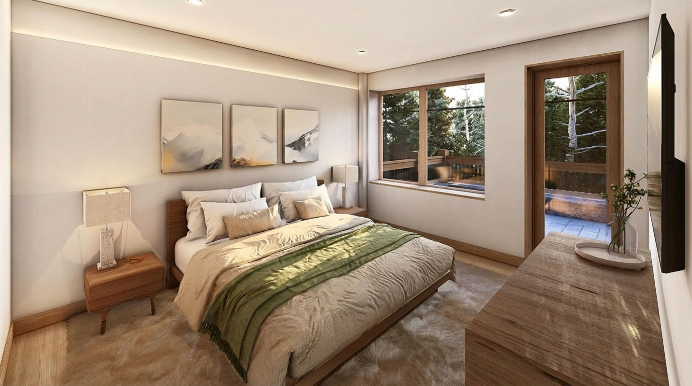 This is a well-lit primary bedroom featuring a bed with beige and green linens, three abstract artworks, and two matching nightstands, each with a lamp. The wooden-framed bed complements the natural wood trim around the window and door, leading to an outdoor patio. The room's color palette exudes a calm and inviting atmosphere, ideal for relaxation.