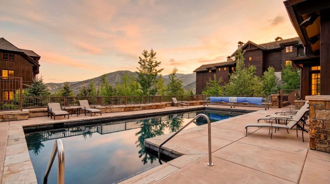 The image showcases an outdoor swimming pool area at dusk, reflecting the vibrant colors of the fading sky. Several lounge chairs are arranged on the surrounding patio, suggesting a relaxing atmosphere. The architecture hints at a luxury home or resort, with wooden buildings and mountain views complementing the pool area.