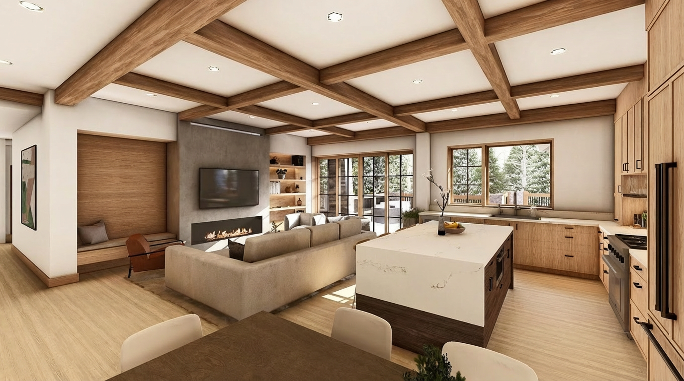 This interior shot showcases a modern living room that seamlessly blends with a kitchen area. The space features exposed wooden beams on the ceiling, adding a rustic touch to the contemporary design. A large sectional sofa anchors the living area, while a kitchen island provides a focal point for the adjacent cooking space, creating an open and inviting atmosphere.