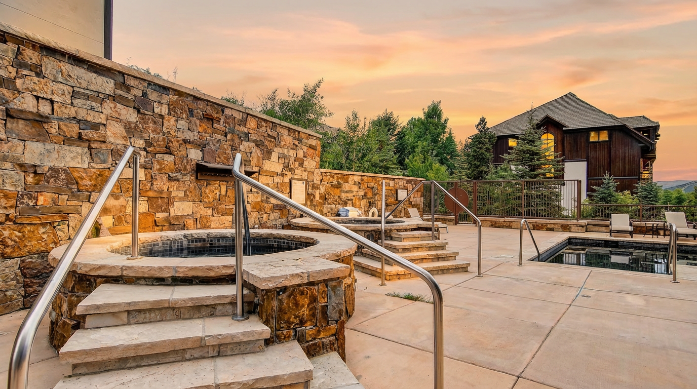 This image showcases a luxurious outdoor spa area with multiple hot tubs and a plunge pool. The space features stone walls, stainless steel railings, and stepped access to the tubs. A large house stands in the background, suggesting a premium resort or private residence with upscale amenities.