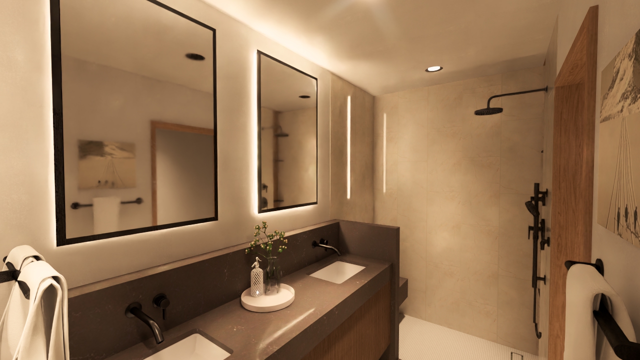 This is a modern primary bathroom featuring two large, backlit rectangular mirrors above a double vanity with dark countertops and wooden cabinetry. A walk-in shower with a rainfall showerhead is visible in the background. The overall style is contemporary with a focus on clean lines and warm lighting.