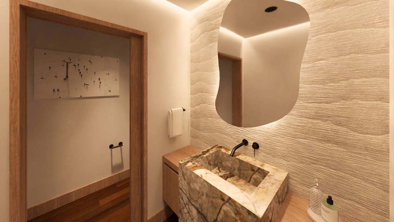 This is a well-lit guest bathroom featuring a unique, marble-like stone sink and a modern, organically-shaped mirror. The walls have a light, textured finish, and there's a wooden door frame leading into another space. A small towel rack is mounted on the wall, alongside a dispenser of some kind, contributing to a minimalist and stylish aesthetic.