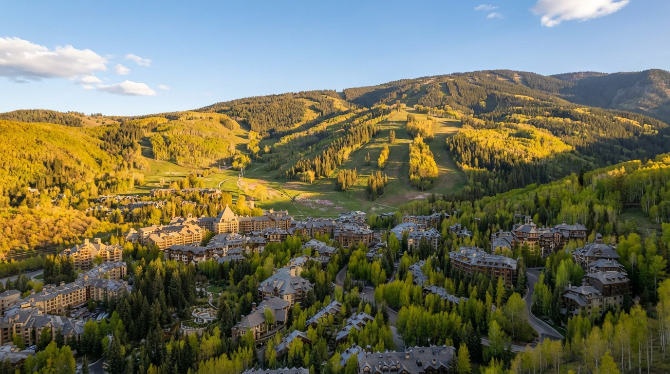 This aerial view showcases a luxury resort complex nestled in the mountains. The buildings feature upscale architecture with stone and timber details, surrounded by a dense forest with trails. The image highlights the resort's integration with the natural beauty of the landscape, emphasizing the exclusive and scenic location.