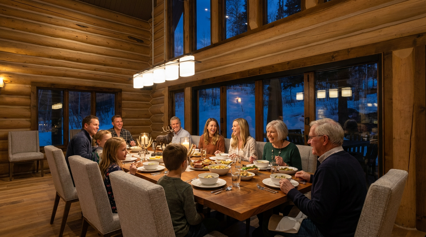 This image showcases a warm and inviting dining room featuring a long wooden table set for a meal. The room boasts log walls and large windows overlooking a snowy landscape, creating a cozy, rustic ambiance. An elegant chandelier hangs above the table, providing ample lighting for the family gathered enjoying their dinner, making it perfect for entertaining.