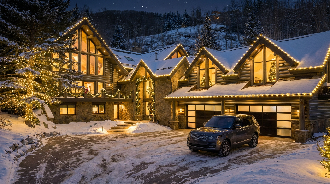 This is an eye-catching exterior front view of a luxurious chalet-style home, presumably in a snowy, mountainous area. The house is adorned with warm, festive holiday lighting. A luxurious, dark-colored SUV is parked in the driveway, adding to the high-end appeal of the property.