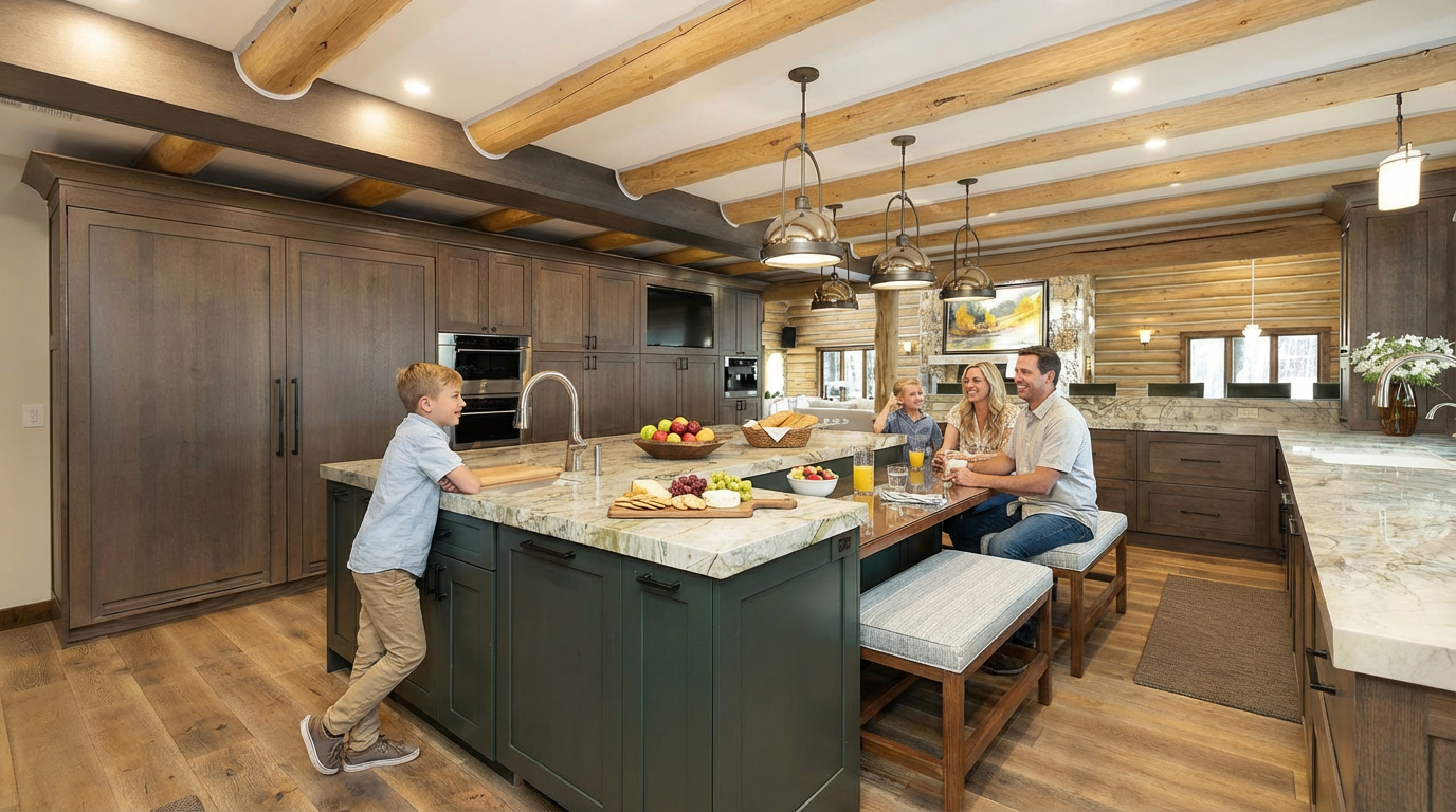This is a warm and inviting kitchen with rustic touches. The space features wooden beams on the ceiling, dark wood cabinetry, and granite countertops. A large island provides ample workspace and seating, creating a central gathering point.