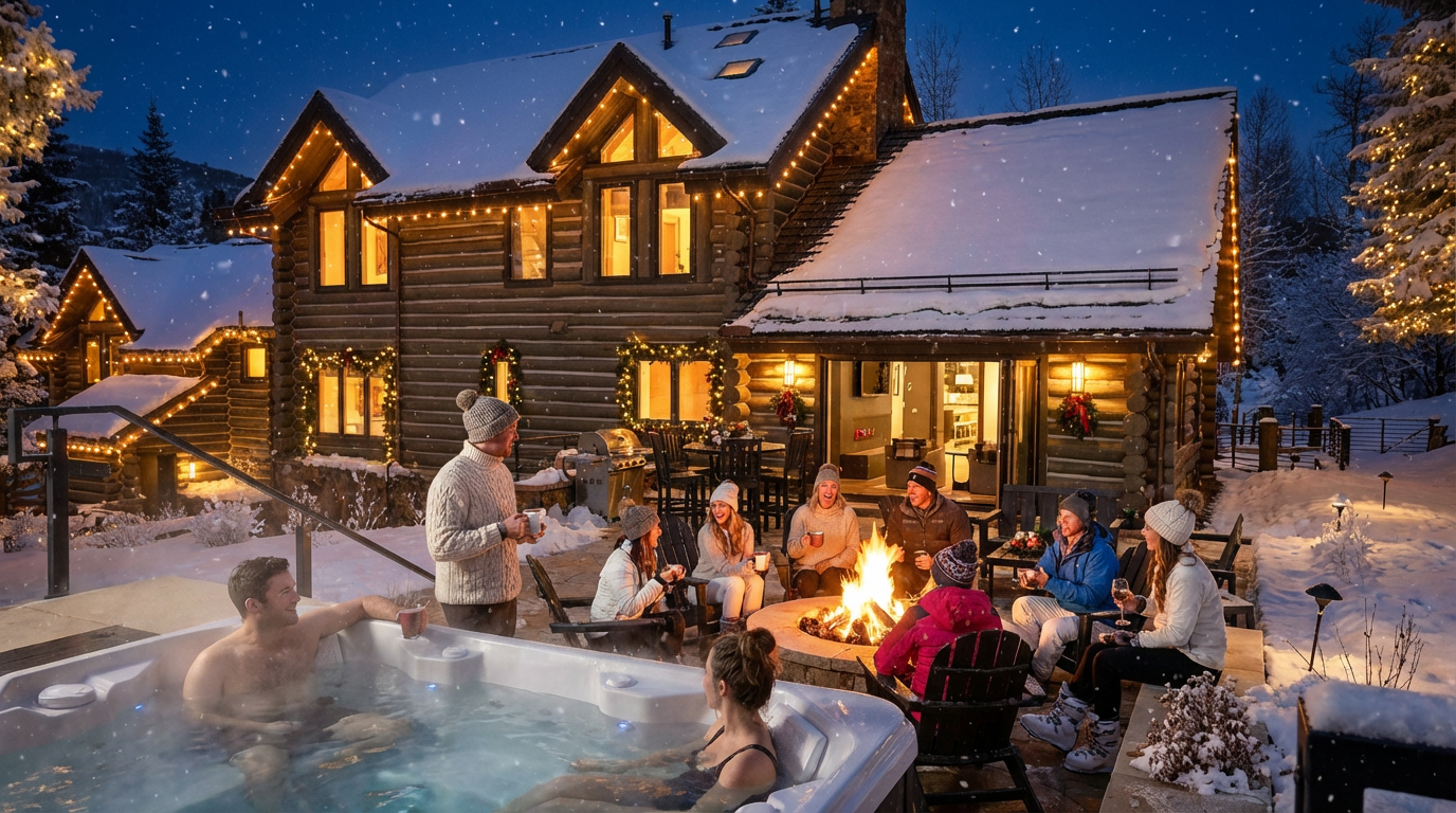 This image showcases the rear of a luxurious log cabin-style home in a winter setting. The exterior is adorned with warm string lights, highlighting the architectural details and complementing the snow-covered roof. A group of people are gathered around a fire pit on the patio, while others enjoy a hot tub, creating an inviting scene for outdoor relaxation and entertainment.