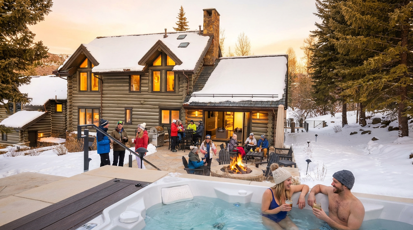 This image showcases a luxurious outdoor spa area at a log-cabin style home. A group of people are gathered around a fire pit on a stone patio, while a couple enjoys the hot tub in the foreground. The backdrop includes the rustic cabin with snow-covered roofs and surrounding trees, creating a cozy and inviting winter scene perfect for a real estate advertisement that emphasizes leisure and relaxation.