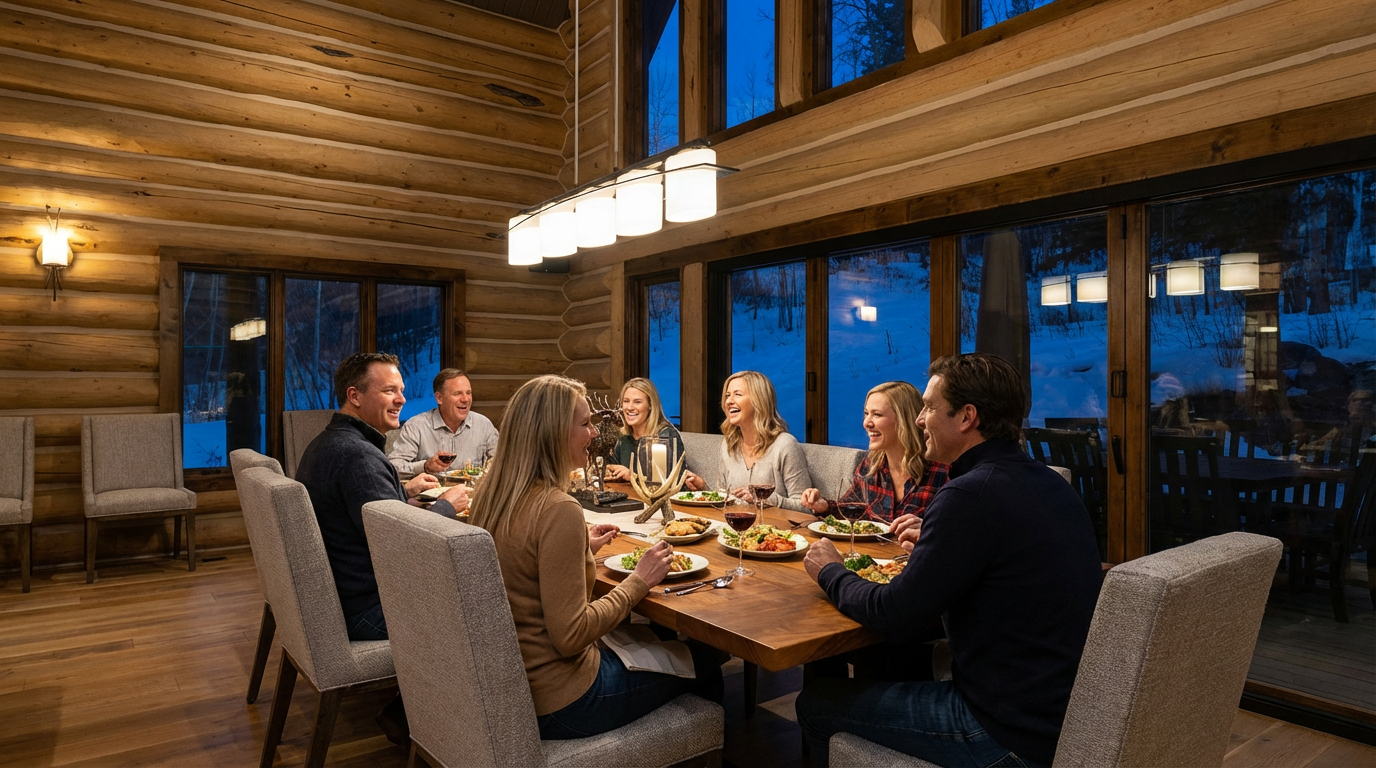 The image showcases a warmly lit dining room inside a log cabin-style home. A large wooden table is set for a meal with several people seated around it, and the room features log walls, a modern chandelier, and large windows with a view of a snowy landscape. The setting evokes a sense of cozy gatherings and rustic elegance, highlighting the property's unique architectural charm.
