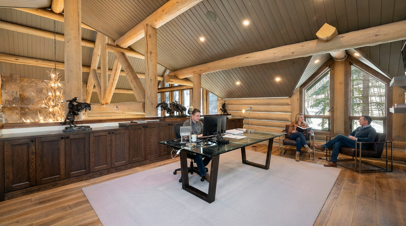 This interior shot showcases a spacious home office with rustic flair. Exposed wooden beams and log walls create a warm and inviting atmosphere. A large glass-top desk provides ample workspace, while comfortable seating offers a relaxed area for meetings or reading.