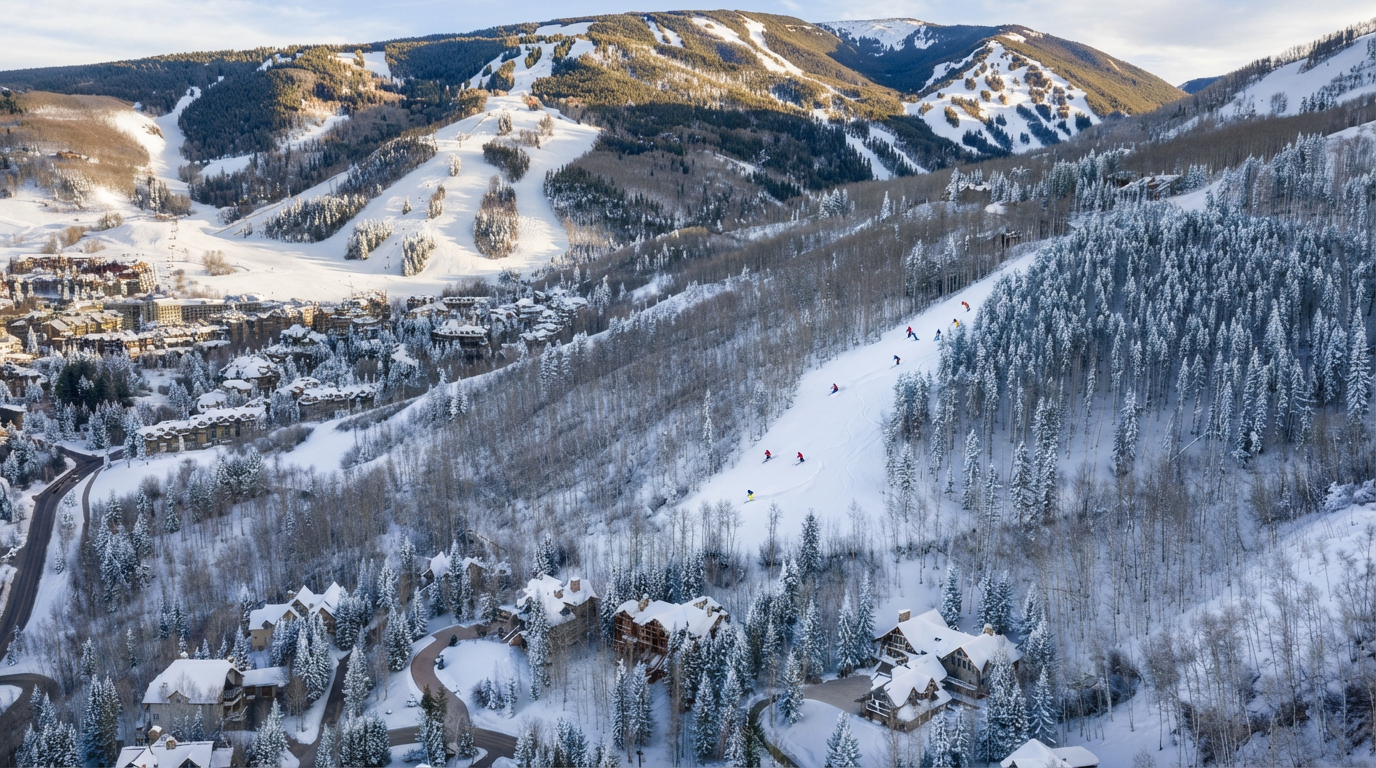 An aerial view showcases a luxurious mountain resort community, blanketed in snow. Several chalets and lodges are nestled among snow-covered evergreen trees with a ski slope nearby indicating potential ski-in/ski-out access. The scene suggests a high-end vacation destination with premium amenities.