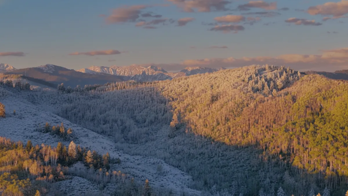 This aerial view showcases a stunning mountainous landscape, likely encompassing a property or surrounding area. The scene is characterized by snow-covered terrain and dense forests that transition from snow-dusted to vibrant green on the right, suggesting variations in elevation and sunlight exposure. Distant, snow-capped peaks add to the grandeur and highlight the property's potential access to scenic and recreational opportunities.
