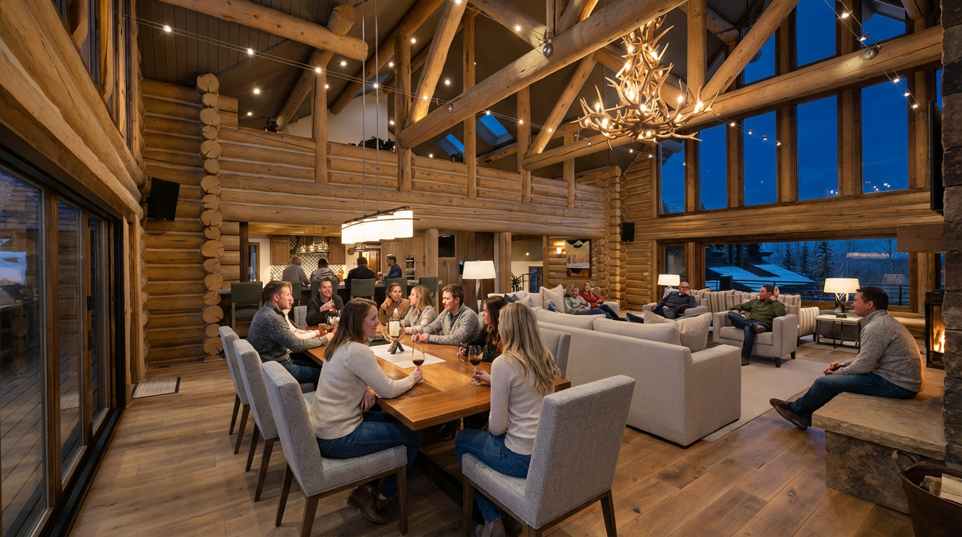 The spacious living room features log walls and exposed timber beams, creating a rustic yet luxurious ambiance. A large dining table sits to the left of the living area with multiple people gathered around it. An antler chandelier adds a unique touch, while large windows offer views of the outdoors, enhancing the room's appeal for relaxation and entertainment.