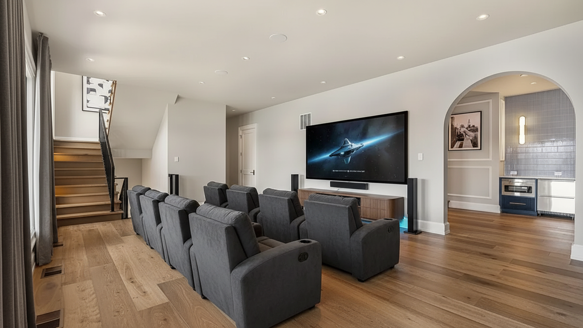 This is a modern media room featuring tiered seating with gray, reclining chairs perfect for movie nights. The large television screen is mounted above a sleek console table, flanked by tall speakers. The room is well-lit with recessed lighting and boasts hardwood floors, contributing to an upscale, comfortable viewing environment.