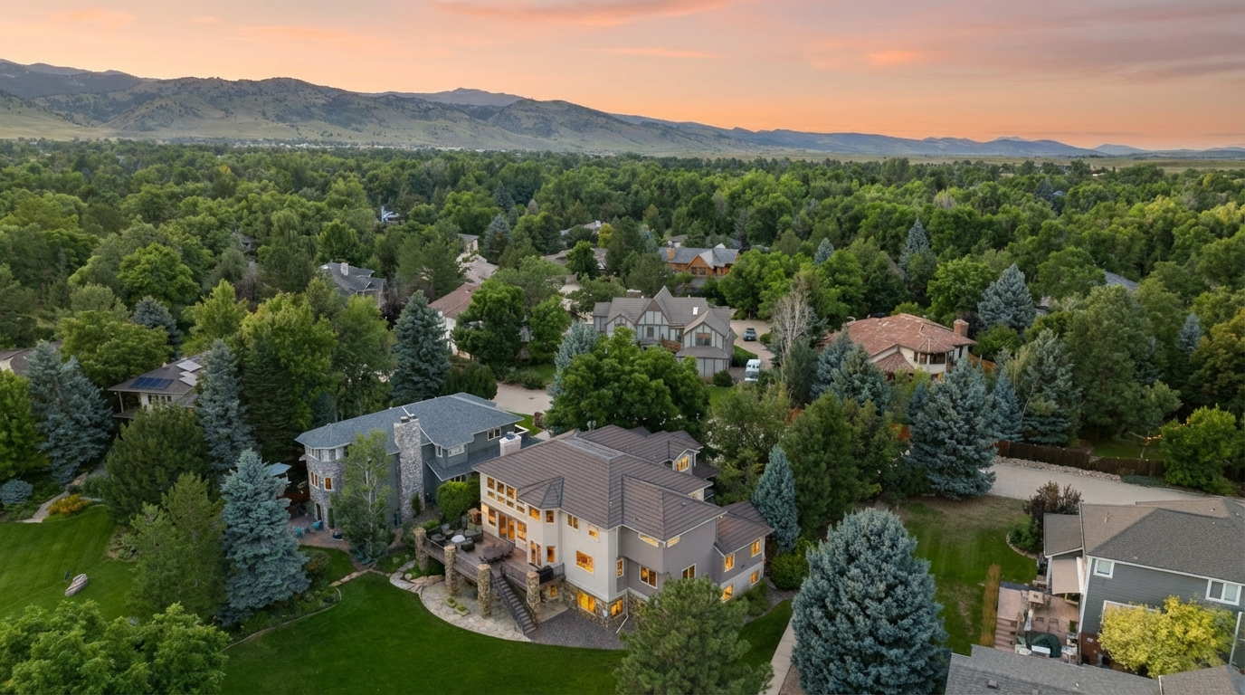 This aerial view showcases a beautiful residential area with lush greenery and mountain views in the background, seemingly at dusk. The houses are well-spaced with mature trees and landscaping, indicating a well-established, upscale neighborhood. A large home with a prominent rear deck is prominently featured.