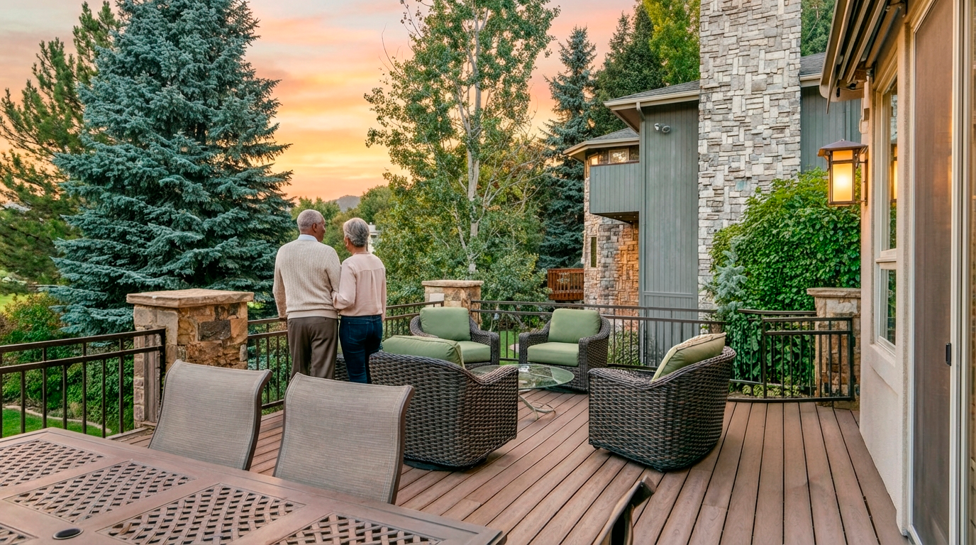 This is an inviting outdoor patio or deck area. It features comfortable woven chairs with green cushions arranged around a glass-topped table, as well as an outdoor dining table. An elderly couple stands at the edge of the deck, enjoying the view against a colorful sunset sky.