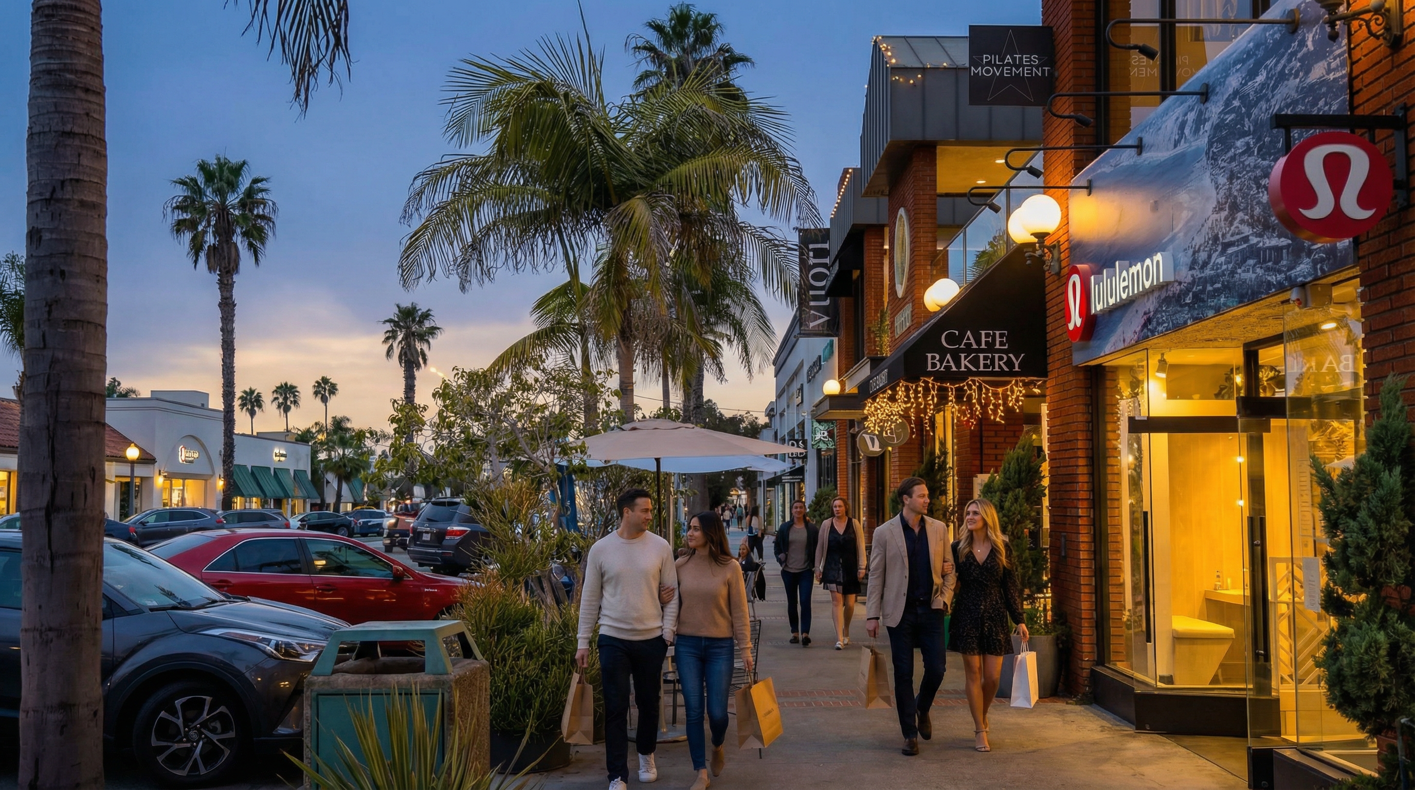 This image showcases a vibrant commercial street with pedestrians enjoying shopping and strolling. The scene suggests a lively and upscale retail environment with well-maintained storefronts, including recognizable brands like Lululemon and Vuori. Palm trees and warm lighting contribute to an inviting atmosphere, perfect for a community gathering space.
