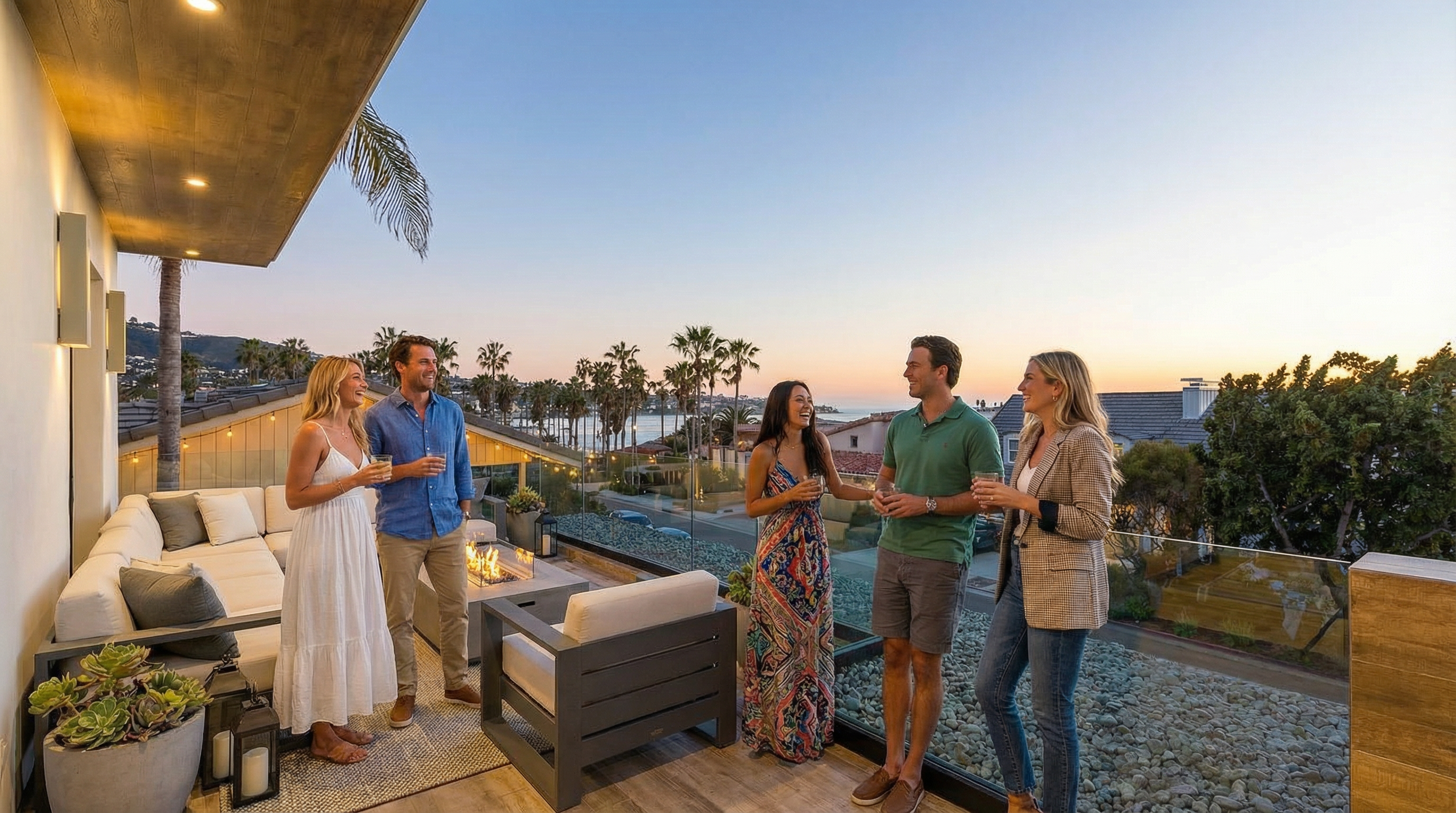 This image showcases a stylish patio or deck, likely part of a luxury real estate property. It features comfortable outdoor seating around a fire pit, offering a perfect relaxation and entertainment space. The patio offers a beautiful view and glass railings that appear to provide safety without obstructing the view.