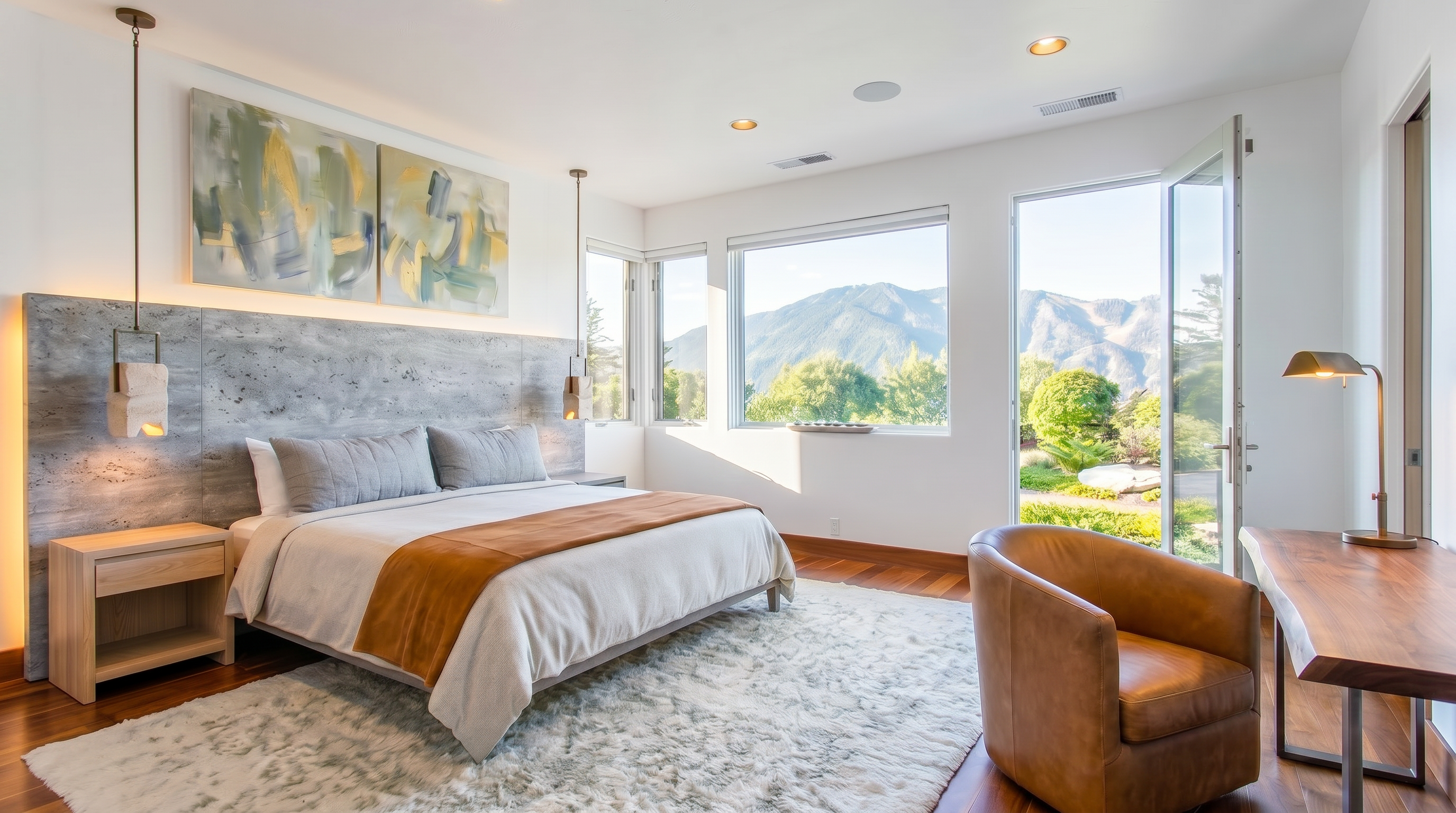 This modern, serene primary bedroom features a striking textured concrete headboard wall and abstract art, creating a refined, contemporary aesthetic. The space is anchored by a plush light-toned rug and a warm wooden desk set, while floor-to-ceiling windows and a glass patio door invite stunning mountain views and natural light into the room. A leather accent chair and integrated ambient lighting complete the sophisticated, resort-like atmosphere.
