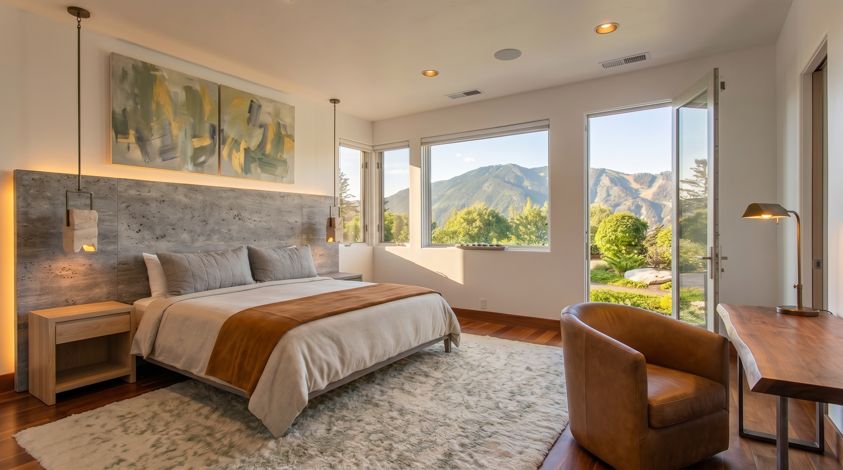 This elegant primary bedroom showcases a contemporary design with a prominent stone feature wall behind the bed and soft, warm cove lighting. The room features high-quality finishes, including natural wood bedside tables, a rich leather armchair, and a live-edge wood desk, all grounded by a plush area rug. Expansive windows frame breathtaking mountain views and provide direct access to the outdoors, creating a luxurious and serene atmosphere.