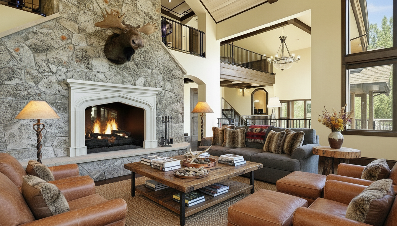 This is a luxurious living room featuring a stone fireplace with a mounted moose head, creating a rustic yet elegant ambiance. The room is furnished with comfortable leather armchairs and a gray sofa adorned with fur pillows, complemented by a wooden coffee table. Large windows provide natural light, enhancing the warm and inviting atmosphere of the space.
