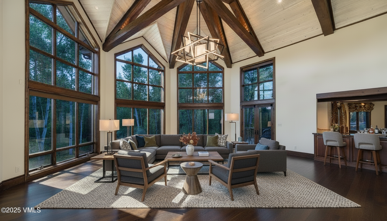 This is an interior shot of a luxurious living room featuring a high vaulted ceiling with exposed wooden beams and a modern chandelier. Large windows offer views of the surrounding trees, and the room is furnished with a sectional sofa, armchairs, and a coffee table on a large area rug. A bar area is visible in the background, adding to the room's upscale ambiance.