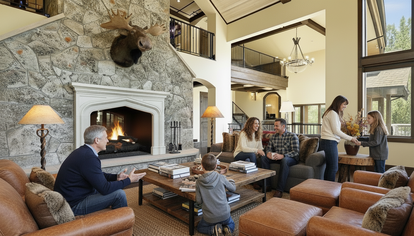 This is a spacious living room featuring a stone fireplace with a mounted moose head, creating a rustic yet luxurious atmosphere. The room is furnished with leather sofas and chairs, arranged around a wooden coffee table, and the high ceilings and large windows provide ample natural light. The open floor plan leads to a second-story balcony, enhancing the sense of grandeur and connection within the home.