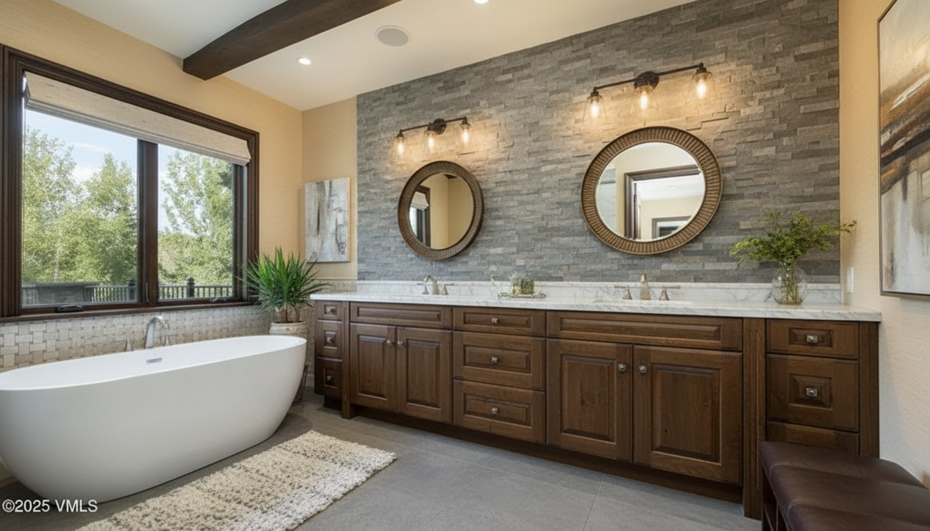 This is a primary bathroom featuring a double vanity with dark wood cabinets and a white countertop. Two round mirrors hang above the sinks, illuminated by modern sconces. A freestanding white bathtub sits near a window, and the walls are a combination of beige paint and gray stone tiles, creating a luxurious and spa-like atmosphere.