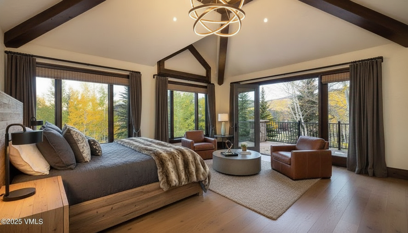 This is a luxurious primary bedroom featuring a king-size bed with a gray comforter and faux fur throw, flanked by wooden nightstands. Large windows offer views of the surrounding trees, and the room includes a seating area with two leather armchairs and a round coffee table. The overall style is modern and sophisticated, with a focus on natural light and comfortable living.