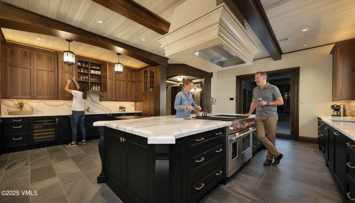 This is a well-lit kitchen featuring dark wood cabinetry, a large island with a white marble countertop, and stainless steel appliances. The kitchen has a warm and inviting atmosphere, with a focus on high-end finishes and a functional layout. The perspective is from a wide angle, capturing the entire kitchen space and the people within it.
