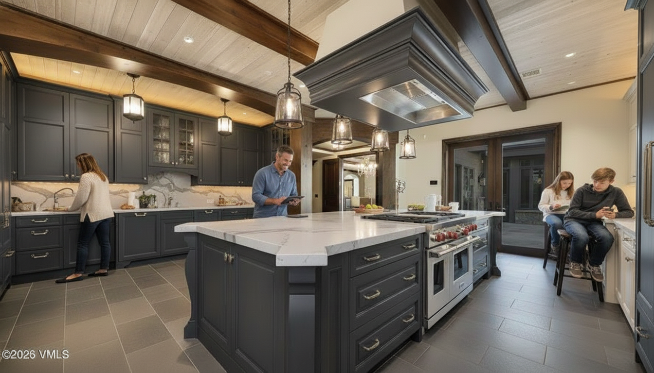 This is a spacious kitchen featuring dark gray cabinetry, a large island with a white countertop, and stainless steel appliances. The kitchen is well-lit with pendant lighting and recessed lights, and it has a modern yet cozy feel with wooden beams on the ceiling. The presence of people adds a sense of life and activity to the space.