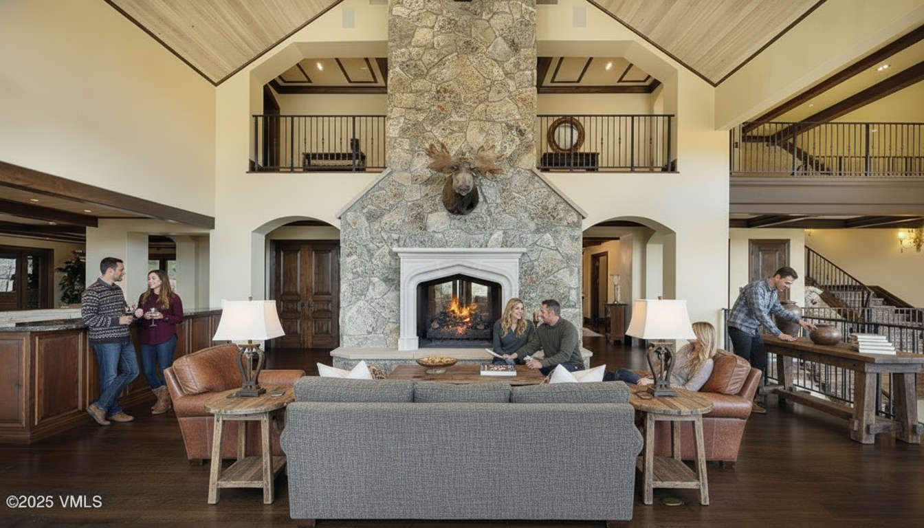 This grand living room features a soaring vaulted ceiling with exposed beams and a striking stone fireplace as its focal point. The room is furnished with comfortable seating, including a gray sofa and leather armchairs, arranged around a wooden coffee table. Balconies overlook the living area, adding to the spacious and luxurious feel of the home.