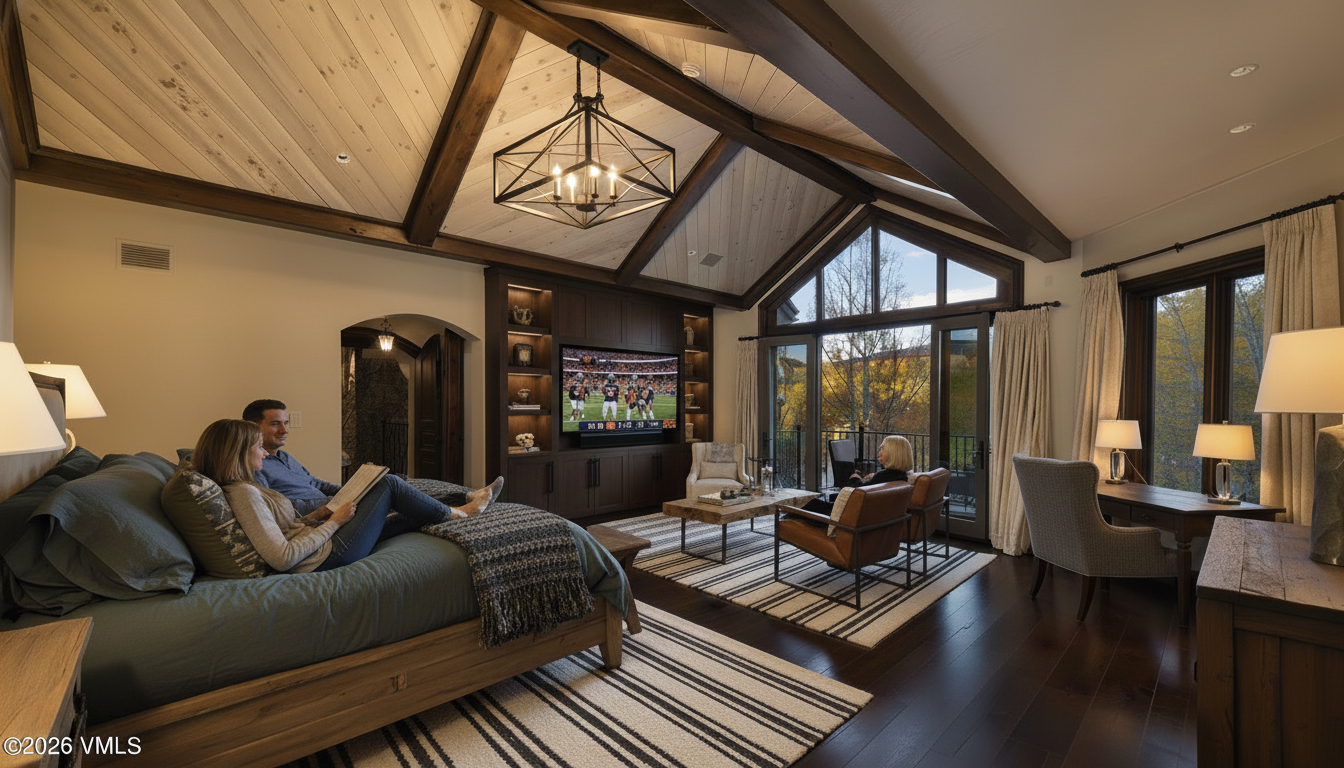 This is a primary bedroom featuring a vaulted ceiling with exposed beams and a large window with a view of the outdoors. The room includes a bed with blue bedding, a seating area with leather chairs, and a built-in entertainment center with a television. The overall style is rustic and luxurious, creating a cozy and inviting atmosphere.