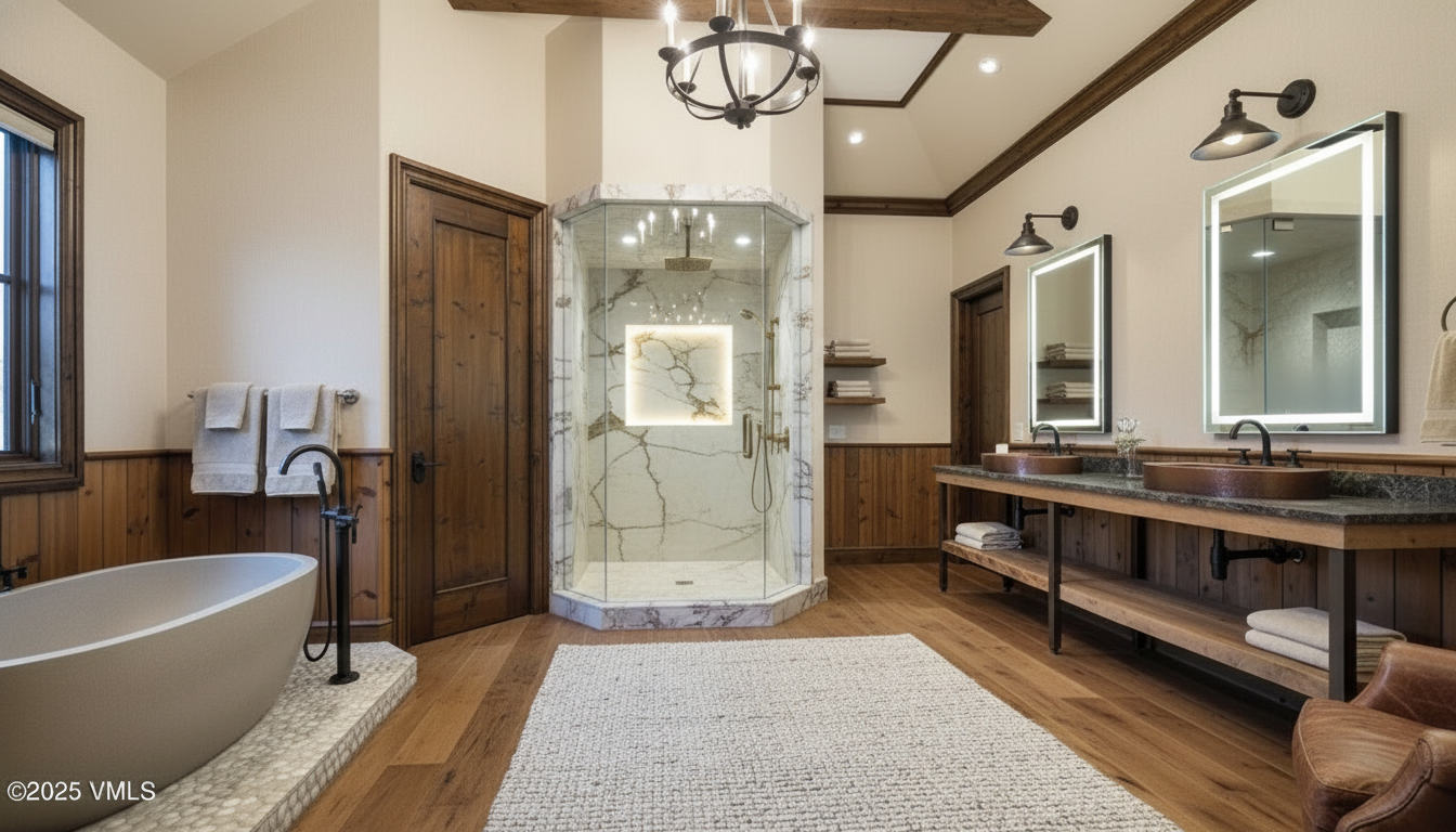This is a luxurious primary bathroom featuring a glass-enclosed shower with marble-like walls and a rainfall showerhead. The room boasts wood flooring, a freestanding bathtub, and a double vanity with copper sinks and illuminated mirrors. The overall design exudes a rustic yet elegant aesthetic, perfect for a high-end real estate listing.