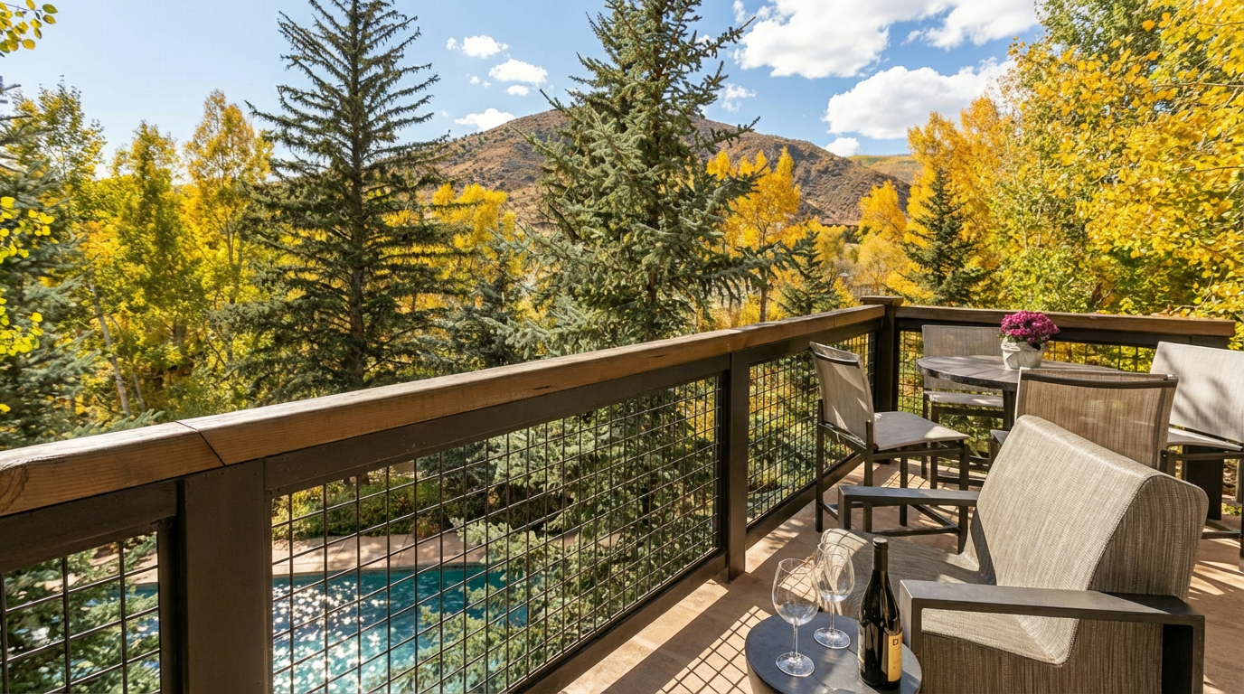 This image showcases a beautiful deck or balcony area in a natural setting. Comfortable outdoor furniture, including chairs and a table with wine glasses, suggests relaxation and enjoyment of the outdoor space. The view includes trees with autumn foliage and a glimpse of a swimming pool, adding to the property's appeal.