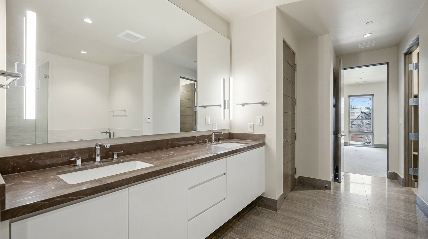 This is a modern primary bathroom. It features a double vanity with a brown marble countertop, white cabinets, and a large mirror with integrated lighting. The floors are tiled and lead into a hallway visible through an open doorway.