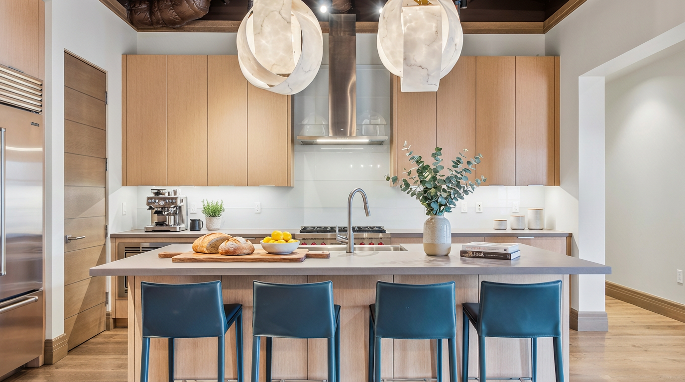 This is a modern kitchen with light wood cabinetry, stainless steel appliances, and a central island with seating. The countertops appear to be a light gray stone. Unique pendant lights hang above the island, and the overall impression is one of clean, contemporary design.