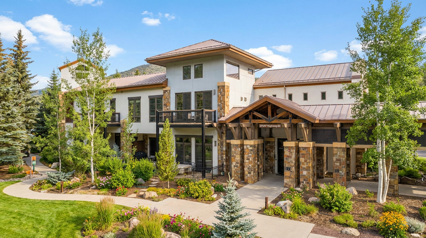 The image showcases the front exterior of a contemporary multi-story residence. Its architectural style features a mix of stone pillars and siding, topped with a metal roof. Landscaped grounds with a walkway, lawn, and various plants enhance curb appeal.