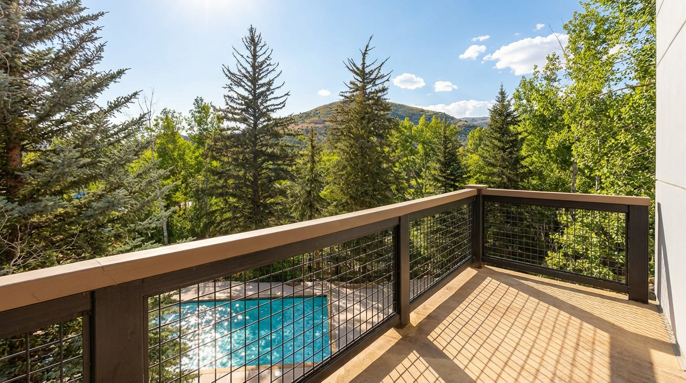This image showcases a well-maintained patio or balcony with a metal railing. The view overlooks a swimming pool surrounded by lush greenery and mature trees, creating a private and serene outdoor living space. The setting is ideal for relaxation and entertainment, enhancing the property's appeal.