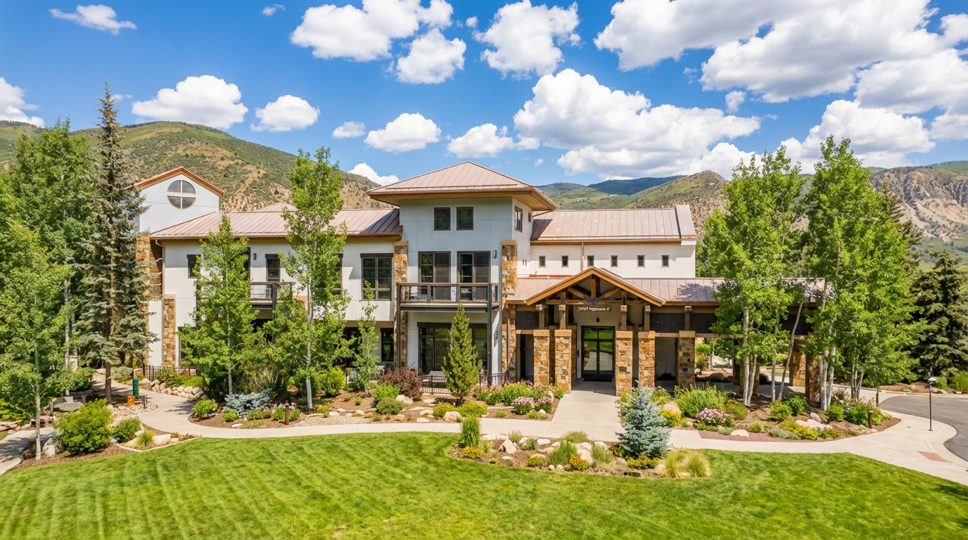 This is a stunning front view of a multi-story building. The building features a mix of stone and light-colored siding, a grand entrance with a wooden pergola, and multiple balconies. Lush landscaping, including a well-manicured lawn and mature trees, enhances the property's curb appeal. Mountains can be seen in the background.