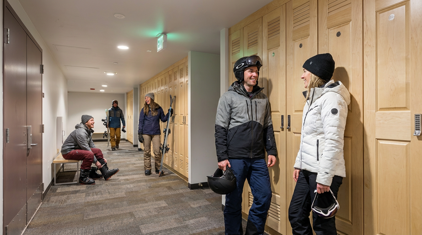 This is an interior shot of a hallway or locker room area, likely in a ski resort or similar recreational building. The hallway features numerous light-colored wooden lockers along one wall and a carpeted floor. People dressed in winter gear are present, suggesting it's a ski lodge or an area for storing equipment.